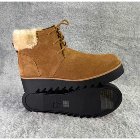 Eileen Fisher Kenille Sport Suede Boots Lace Up Fleece Syrup Brown Women's 7.5 - Picture 1 of 10